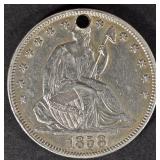 1858 SEATED LIBERTY HALF DOLLAR AU HOLED