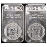 (2) 1 OZ .999 SILVER APMEX BARS