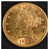 1908 $5 GOLD LIBERTY CH BU