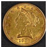 1907 $5 GOLD LIBERTY CH BU