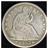 1853 ARROWS & RAYS SEATED LIBERTY HALF FINE