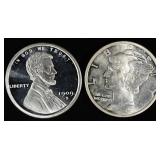 LINCOLN & MERCURY DIME 1oz SILVER ROUNDS