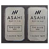 (2) 1 OZ .999 SILVER ASAHI BARS