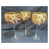 3 Amber Animal Etched Wine Glasses