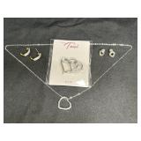 Silver Tone Heart Necklace, Brooch, & Ear Rings