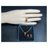 Gold tone Garnet Ring, Necklace, Pendant , Earring