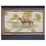 Vtg Fabric Puffy 3D Horses Framed Picture