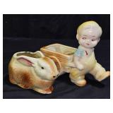 Vtg Bunny Rabbit Planter & Boy w/ Cart Planter