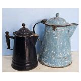 LIGHT BLUE SWIRL GRANITE COFFEE POT, & DARK BLUE