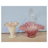 4" RUFFLED VASE W/PINK RIM/CRANBERRY HOBNAIL BASKT