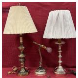 3 Table Lamps, one brass, one silver metal, and