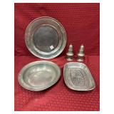 Early Pewter plate, bowl, salt and pepper shaker,