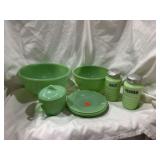 (8) Fire King Jadeite, Bowls, Saucers, Sugar Dish, Salt & Pepper Shaker