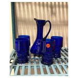 (5) Cobalt Pitcher and Glasses