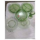 (6) Green Glassware, Platters and Tall Cup