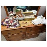 Box of Table Cloths, Placemats, Napkin Rings, Needlepoint Bell Pull