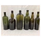 (6) Early Olive Green Glass Bottles