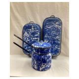 (2) Blue & White Swirl Enamelware Pans & Double