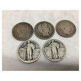 (5) Silver Quarters-(2) Liberty & (3) Barber,