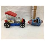 Vintage Tin Friction Rocket Toy & Dune Buggy