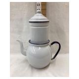 White w/ Blue Enamel Double Boiler Coffee Pot,