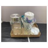 Ball jar, glass vase, water jug and glass tray