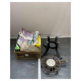 Gloves, trash bags, cast iron piece and shop items