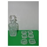 VINTAGE GLASS DECANTER & 6 ASH TRAYS