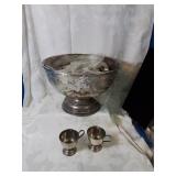 Large silver plate punch bowl with cups