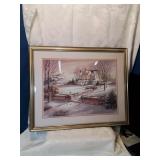 Framed winter country scene with house eighteen by