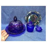 Cobalt Blue cheese/butter dome-jar-cow jar-plate