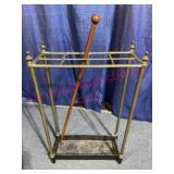 Antique brass umbrella stand & cane - c1900