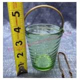 Vtg Green glass sugar pail w/ brass tongs