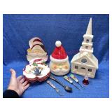 White ceramic church-Santa plates-cookie jar-etc