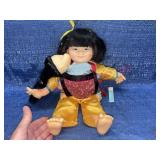 Vtg Goodwell Asian doll w/baby on back & silk pjs