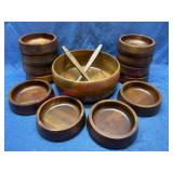 Vtg Wood Salad Bowl Set w/ 12 Bowls