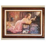 Framed Oil Signed Painting Girl at Piano