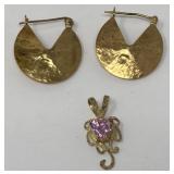 14K Gold Earrings and 10K Pendant with Pink Stone