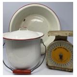 1954 Scale, Enamelware Bowl and Pot