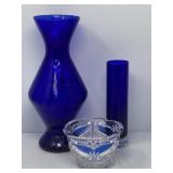 Cobalt Vases and Cut Glass Bowl