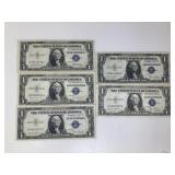 Five 1935 $1 Silver Certificates B