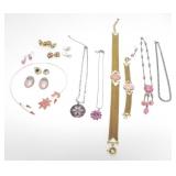 PINK CRYSTAL COSTUME JEWELRY INCL BUTLER