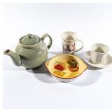 VTG CERAMIC TEAPOT, MUGS, PLATE, & CASSEROLE DISH