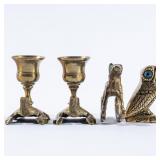 4 SMALL BRONZE FIGURINES & CANDLE HOLDERS