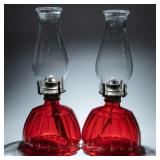 2 RUBY RED WIDE RIBBED GLASS OIL LAMPS W/ CHIMMENY