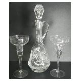 CRYSTAL DECANTER W/ STOPPER & 2 MARGARITA GLASS