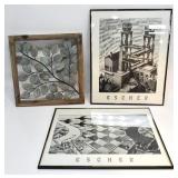 M C ESCHER FRAMED PRINTS & METAL LEAVES WALL DECOR