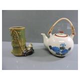 5" CHINESE CERAMIC BAMBOO THEMED VASE, 5"T TEA POT