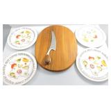 DANSK WOOD CHEESE PLATE/KNIFE & 4 SNACK PLATES