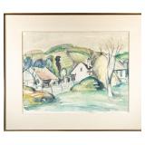 PASTURAL VILLAGE WATERCOLOUR SIGNED INDISCERNIBLY